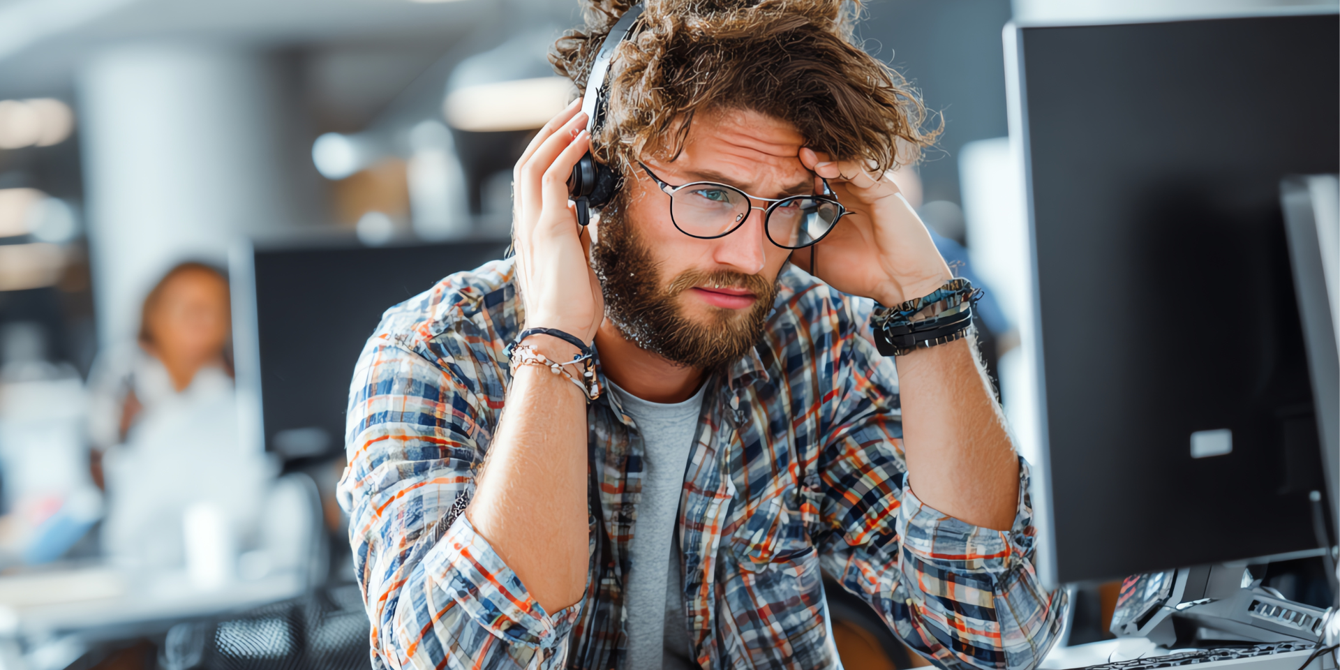 young man with headphones on at a desktop computer
