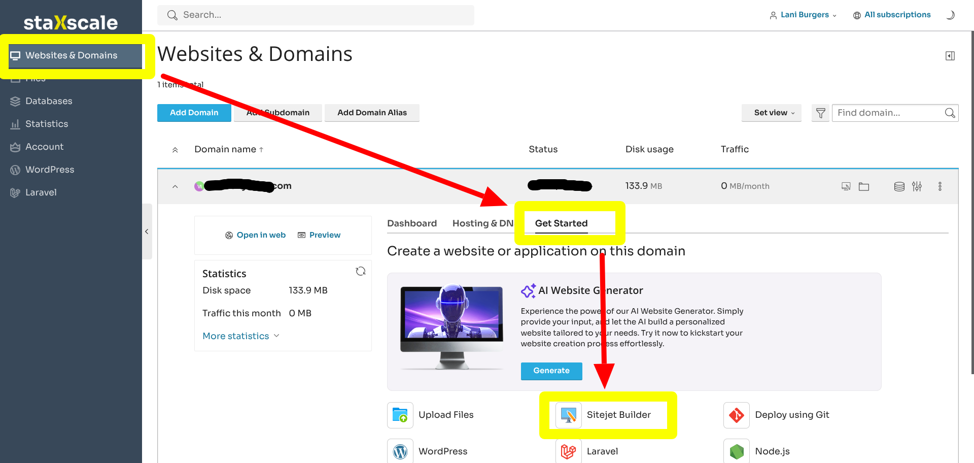 Screenshot of how to access your AI site generator in staXscale